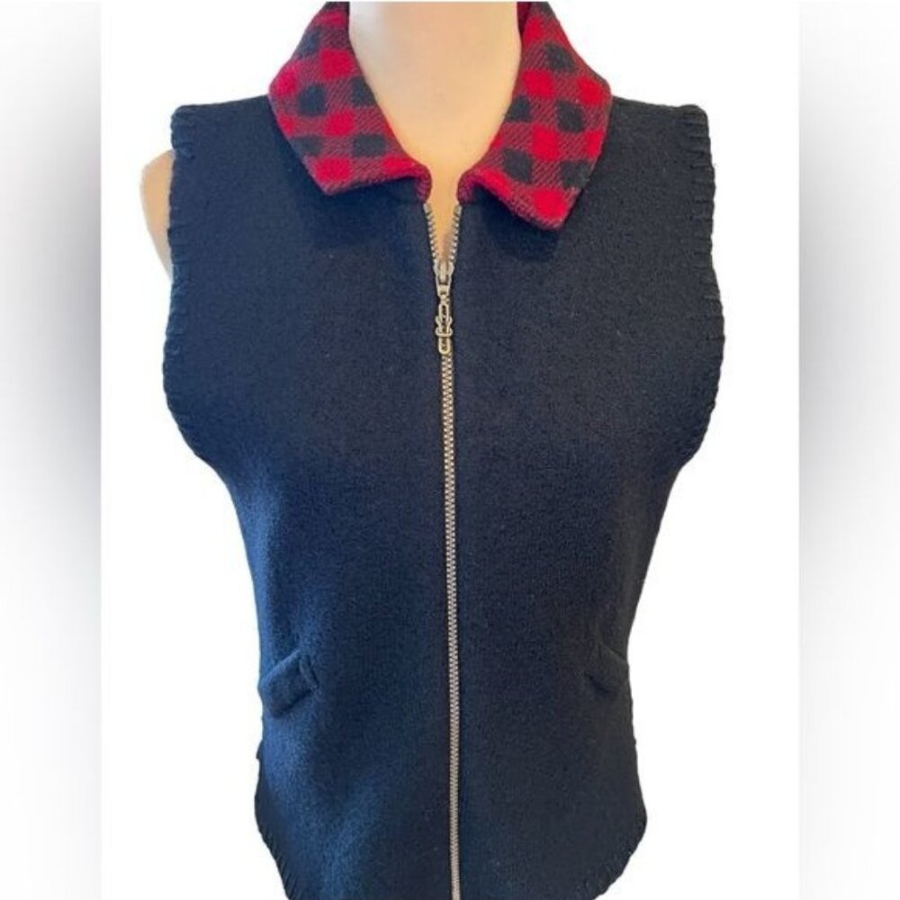 Woorich Vintage Wool Black Vest With Buffalo Plaid Collar Size Medium Zip Up